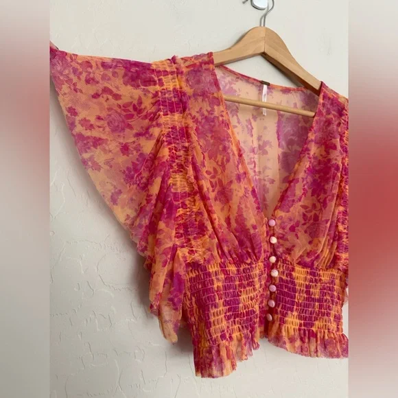 Free People Sugar Top in Hot Tropics Women’s Medium Crop Mesh Blouse - Picture 4 of 7